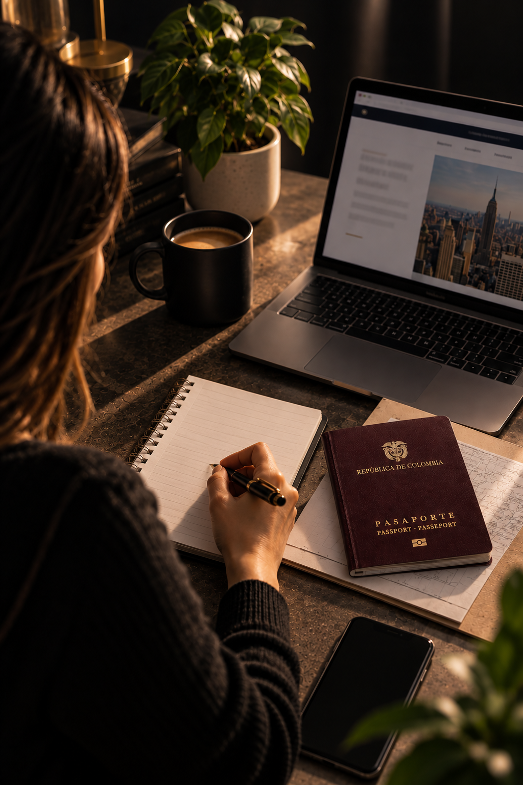Persona revisando información sobre su proceso de visa en un escritorio